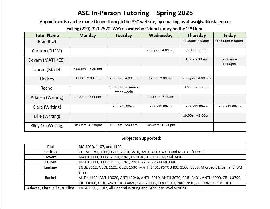 In person tutoring spring 2025