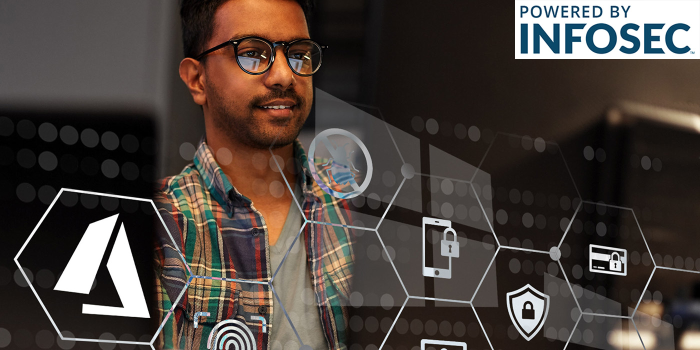 Young male with computer; in the foreground are images of padlocks and other symbols of IT security.